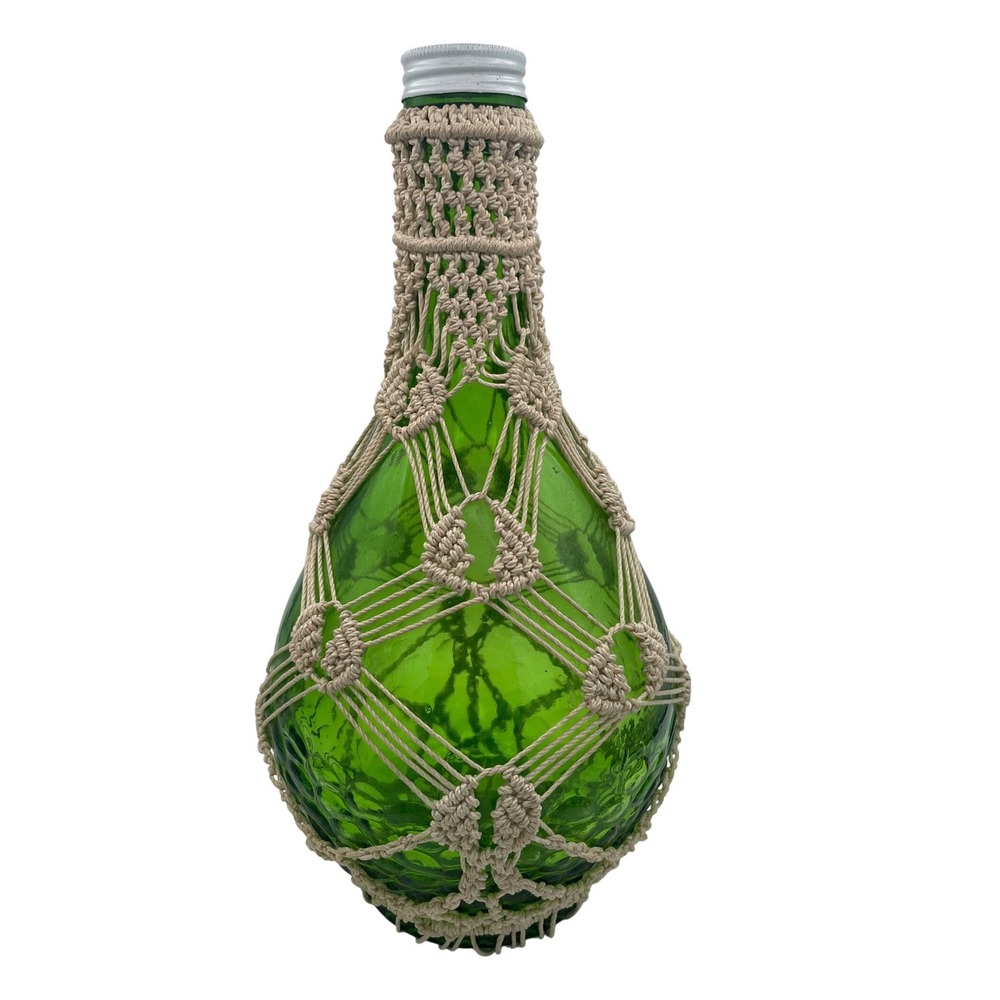 VTG Gallo Green Glass Bubble Bottle Macrame Decorative Decanter Retro 18" 64oz